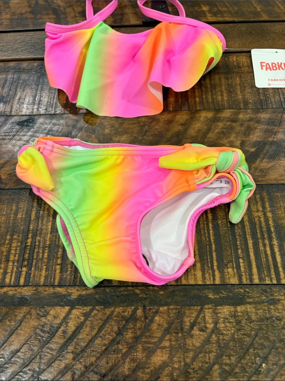fabkids Neon Rainbow Ruffle Bikini Top & Tie-Side Bottoms - Pink, Yellow, Green